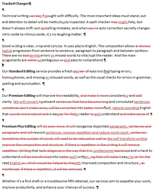 sample of proofreading with tracked changes in Microsoft Word
